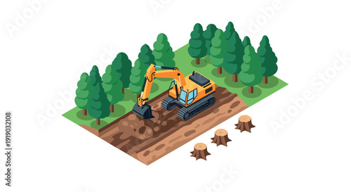 Isometric excavator working in forest clearing with pine trees and tree stumps
