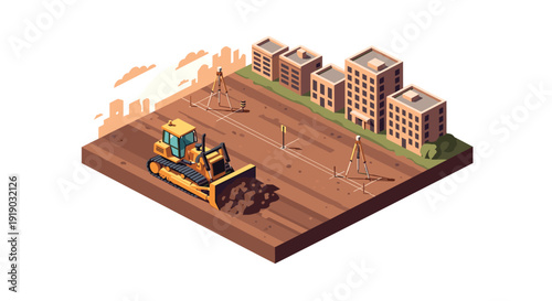 Isometric construction site with bulldozer and urban planning elements