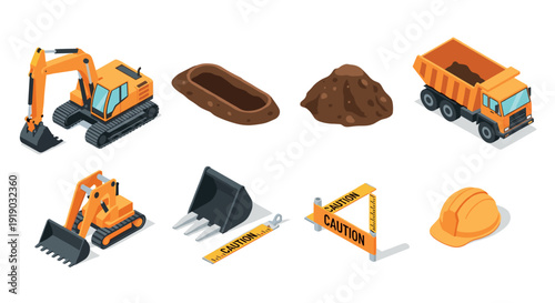 Isometric construction equipment and safety gear: excavator, dump truck, hard hat, caution sign