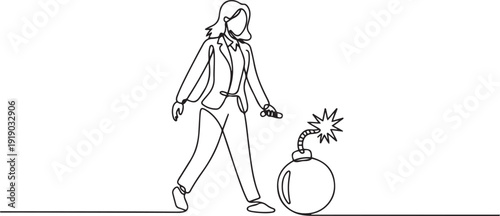 Single one line drawing young businesswoman carrying bomb with a burning fuse. The concept of keeping danger away from the business environment to survive. one line Icon drawing