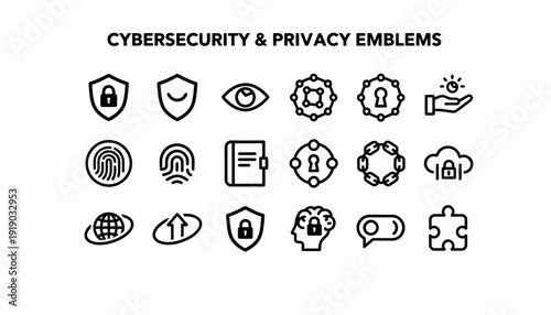 Cybersecurity & Privacy Icons: Shields, Fingerprints, Eye, Cloud, Globe, Lock