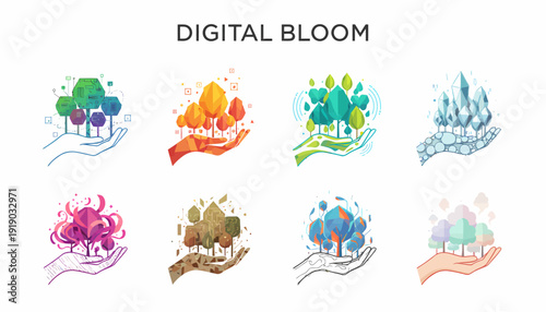 Digital Ecosystem Growth: Hands Holding Stylized Trees