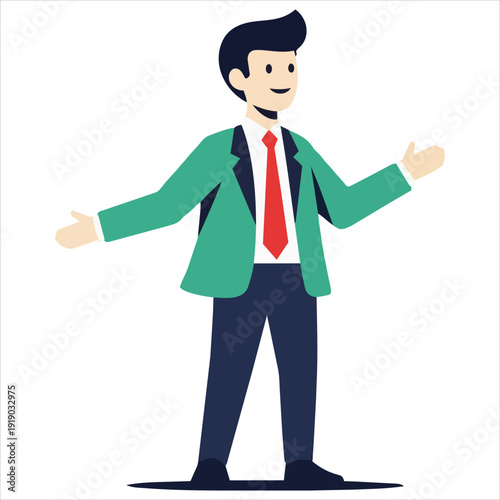 Man in green jacket and red tie gesturing widely in a welcoming pose illustration