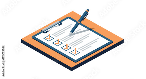 Isometric checklist with pen on clipboard: organized task management