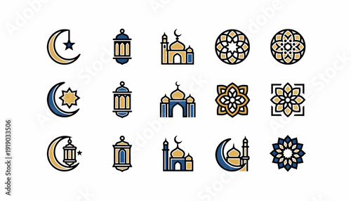 Islamic Icons Set: Moon, Mosque, Lantern, Geometric Patterns