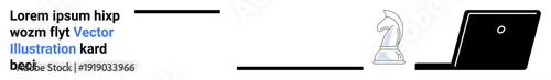 Strategic planning, business analytics, digital transformation, remote work, decision-making, work productivity. Chess knight next to a laptop. Strategic planning and business analytics