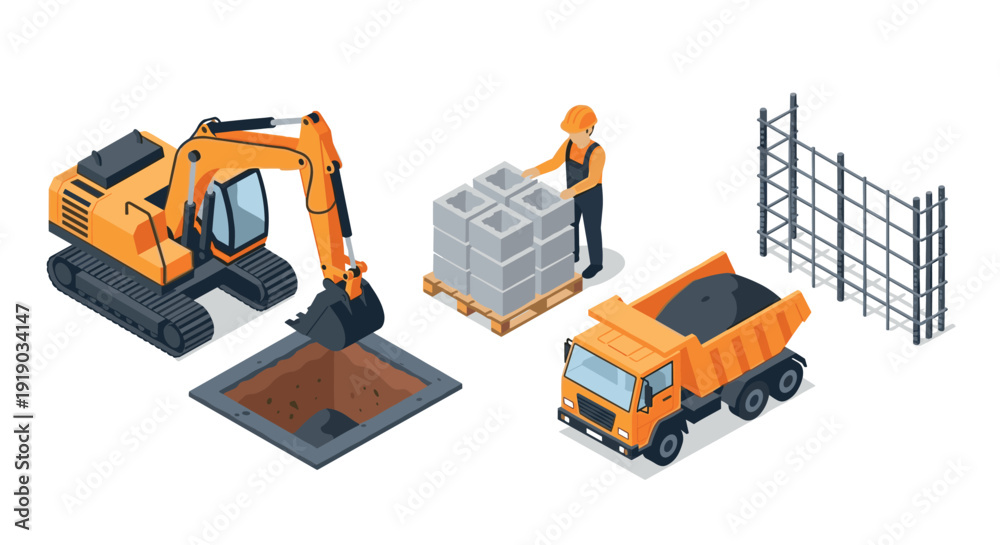 Fototapeta premium Isometric construction equipment and laborer working at building site