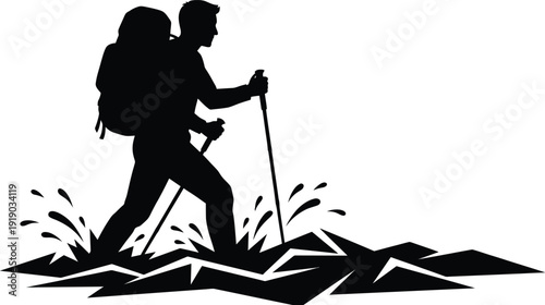 Silhouette Couple hiking together through rugged outdoor terrain with trekking poles