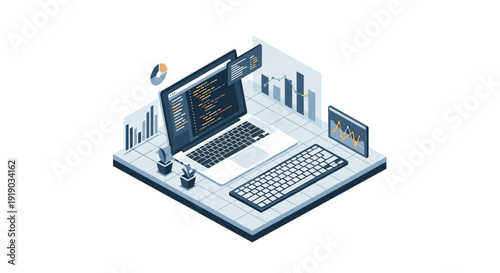 Isometric workspace with laptop, keyboard, and data analytics: modern office interface