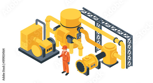 Isometric industrial equipment scene with worker in safety gear