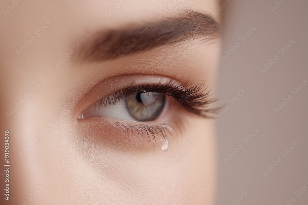 Naklejka premium Woman eye with single tear falling, conveying emotion, sadness, vulnerability, or pain. Usable for mental health topics