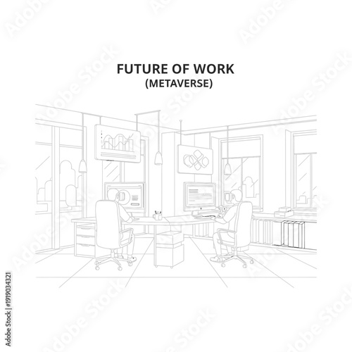 Future of work metaverse concept with modern office space and virtual reality elements