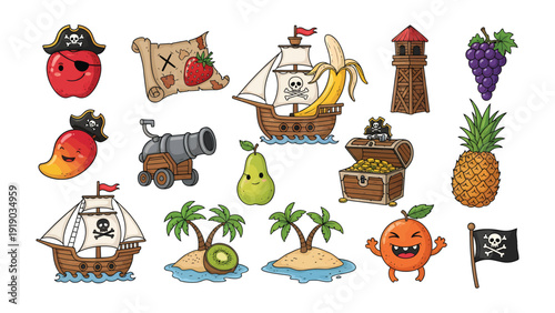 Fruit Pirate's Treasure: A delightful illustration of various fruits transformed into playful pirate-themed characters and elements, creating a fun and whimsical scene.
