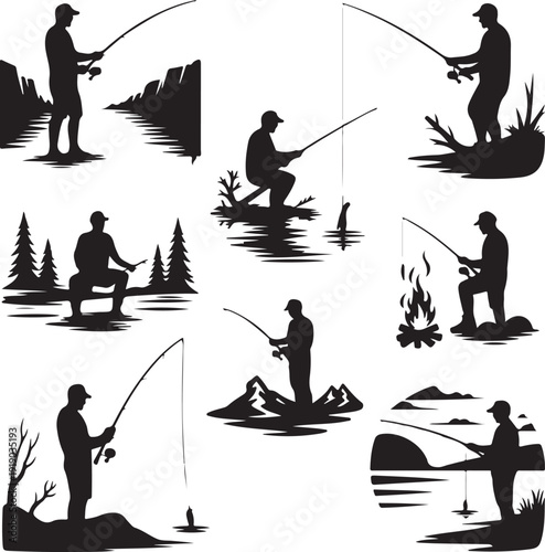 black silhouettes of men fishing in various landscapes