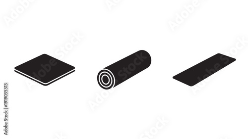 Black Yoga Mats in Various States on White Background in Simple Flat Design for Fitness Branding