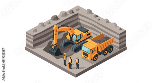Isometric construction site with digger and dump truck in quarry setting