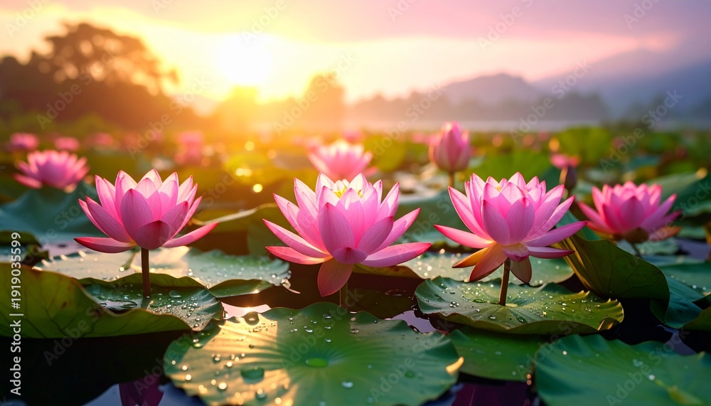 Pink lotus flowers blooming on calm water with green leaves – peaceful natural floral background.