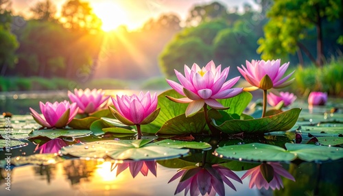 Pink lotus flowers blooming on calm water with green leaves – peaceful natural floral background.