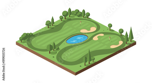 Isometric golf course design with lush greenery and water feature