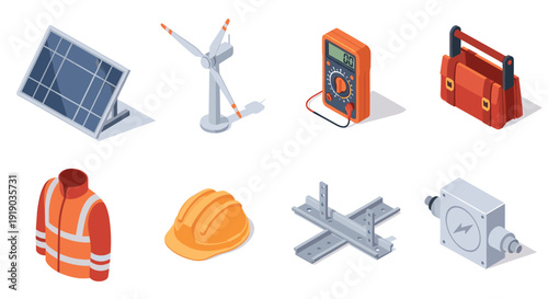 Renewable energy and construction tools in isometric style
