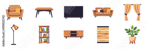 Set of brown and beige living room icons, sofa, armchair, TV, coffee table, bookshelf, colorful collection with vector flat illustrations