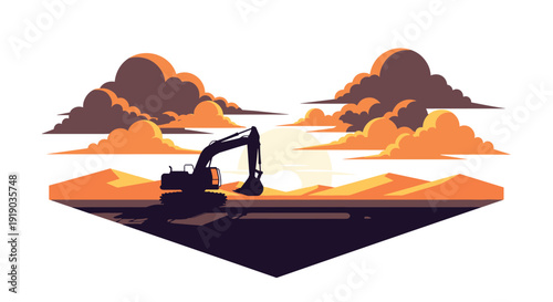 Sunset excavator silhouette with dramatic clouds and mountains