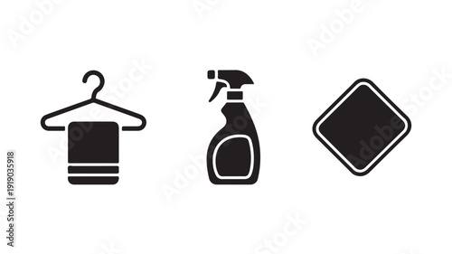 Cleaning supplies and clothing on hanger in simple flat design with black color on white background for icon set