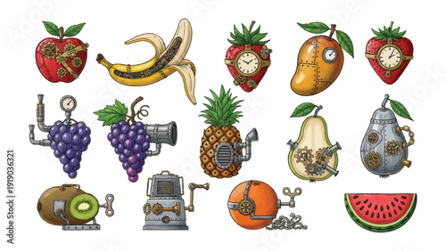 Steampunk Fruit Fantasy: A whimsical collection of various fruits adorned with intricate steampunk-inspired mechanisms, showcasing creativity and the fusion of nature and technology.
