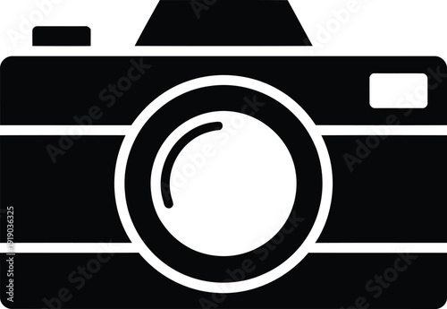 Black silhouette of a digital camera representing photography professional imaging equipment photo journalism artistic creativity media production and modern electronic devices.