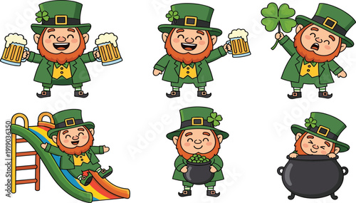Cute Leprechaun character set for St. Patrick's Day with beer mugs, four-leaf clover, pot of gold and rainbow slide.