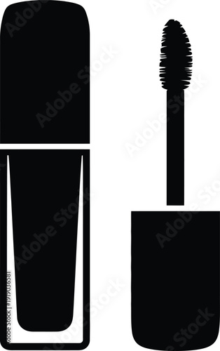 Black silhouette of a mascara tube and applicator wand representing beauty products cosmetic glamour styling makeup accessories and professional fashion.