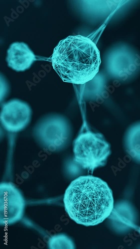 close-up view of an abstract molecular structure, wireframe, concept of science and biology, vertical video (3d render)