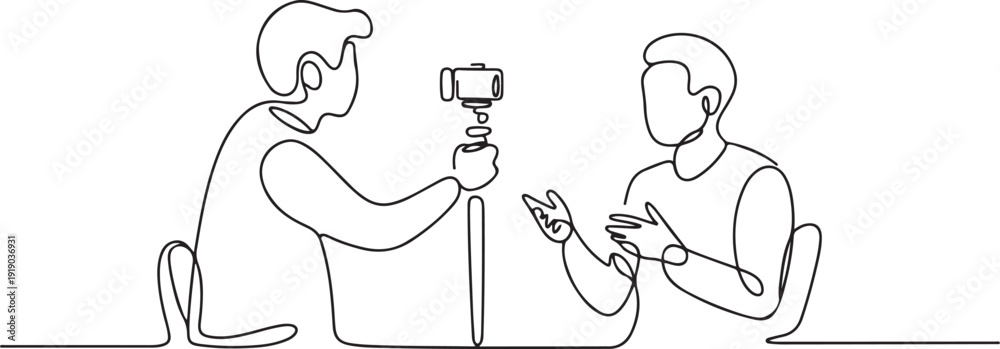 Εκτύπωση καμβά Continuous one line drawing professional shooting team record video interview for public blog vlog with smartphone and monopod stick