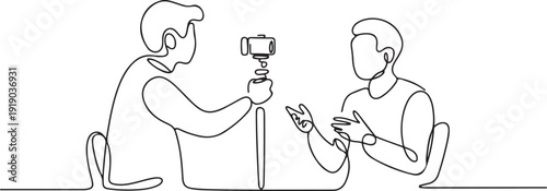 Continuous one line drawing professional shooting team record video interview for public blog vlog with smartphone and monopod stick. one line Icon drawing