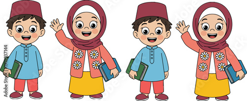 A cartoon illustration of two Muslim children in traditional Islamic clothing.