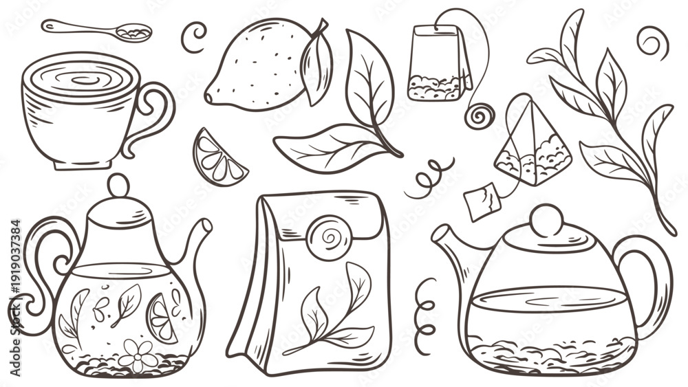 Φωτογραφία Tea set in doodle sketch style
