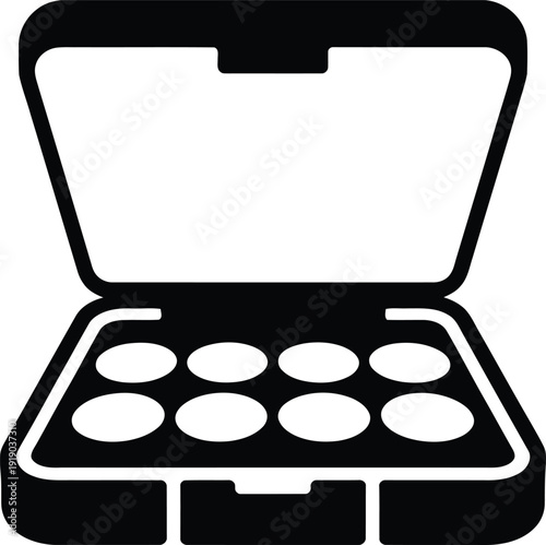 Black silhouette of an open makeup eyeshadow palette representing beauty products cosmetic kits professional glamour styling face powder and fashion accessories.