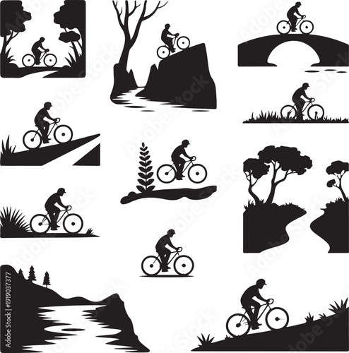 black silhouettes of people riding bicycles on paths and trails
