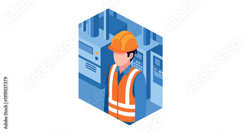 Isometric industrial worker in safety gear within a modern manufacturing facility