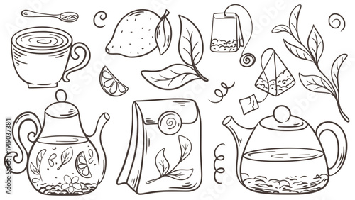 Tea set in doodle sketch style. Cups, teapot, tea leaves, lemon, tea bags, hand drawn collection. Tea party, vector graphics