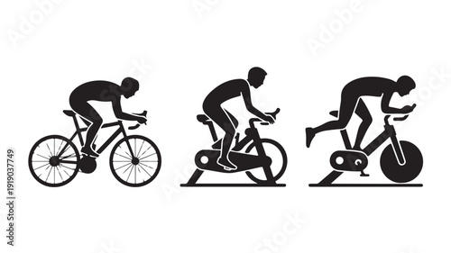 Cyclist Silhouettes in Different Riding Positions with Dynamic Motion in Black on White Background for Sports Illustration