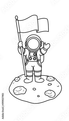 Astronaut standing on moon surface holding flag in outer space  