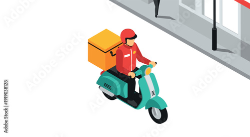 Isometric delivery service on motorcycle in urban setting