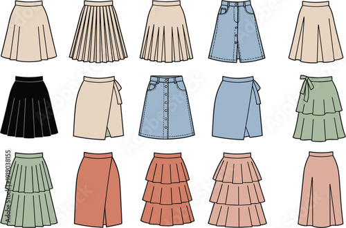 Women skirts flat vector set pleated denim layered mini midi fashion clothing colorful casual female apparel collection
