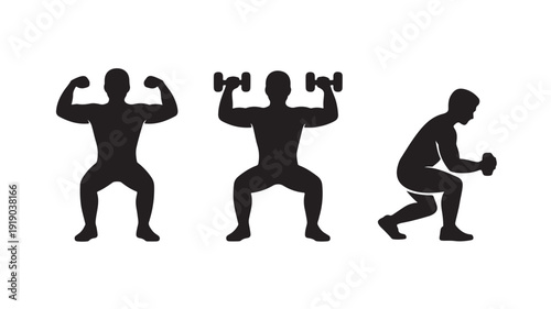 Silhouette of muscular man exercising with dumbbells in dynamic poses with strong contrast in black and white for fitness