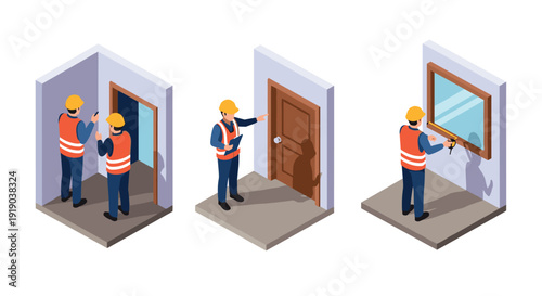 Construction workers inspecting door and window in isometric style room scene