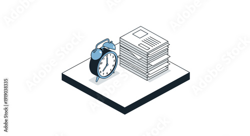 Isometric office scene with alarm clock and document stack on platform