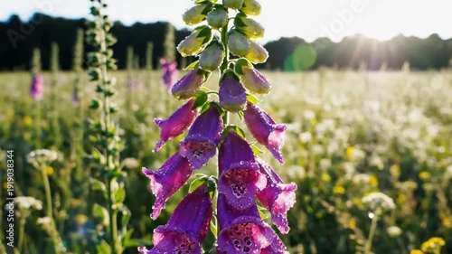 Wallpaper Mural Close up of a vibrant purple foxglove flower stalk with many blooms in a field bathed in sunlight Torontodigital.ca