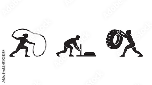 Silhouette of athlete training with battle rope, tire, and sledgehammer in intense workout with strong black shadows for fitness motivation