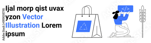 Digital marketing, coding education, e-commerce, developer tools, tech-based businesses, creative design. Shopping bag, woman holding code sign. E-commerce and coding education concept